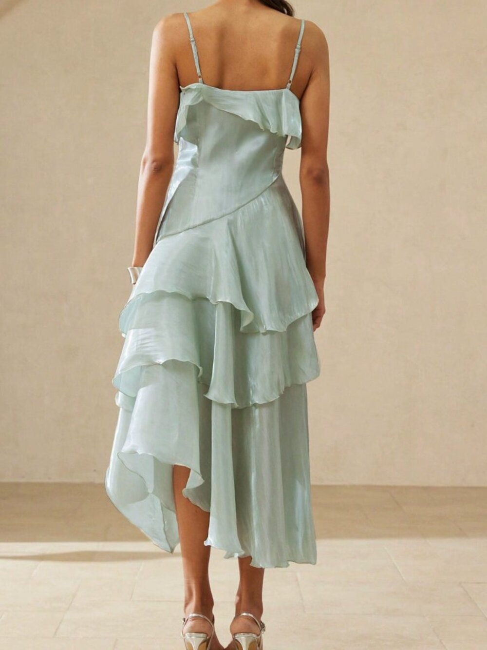 Cadet Blue Romantic Women's Asymmetrical Ruffle Trim Camisole Dress - Picture 2 of 7